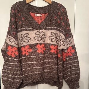 SO Women's Brown and Pink Patterned V-Neck Sweater